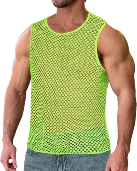 Men's Mesh Fishnet Muscle Top See Through Shirts Fitted Crew Neck Tee Clubwear