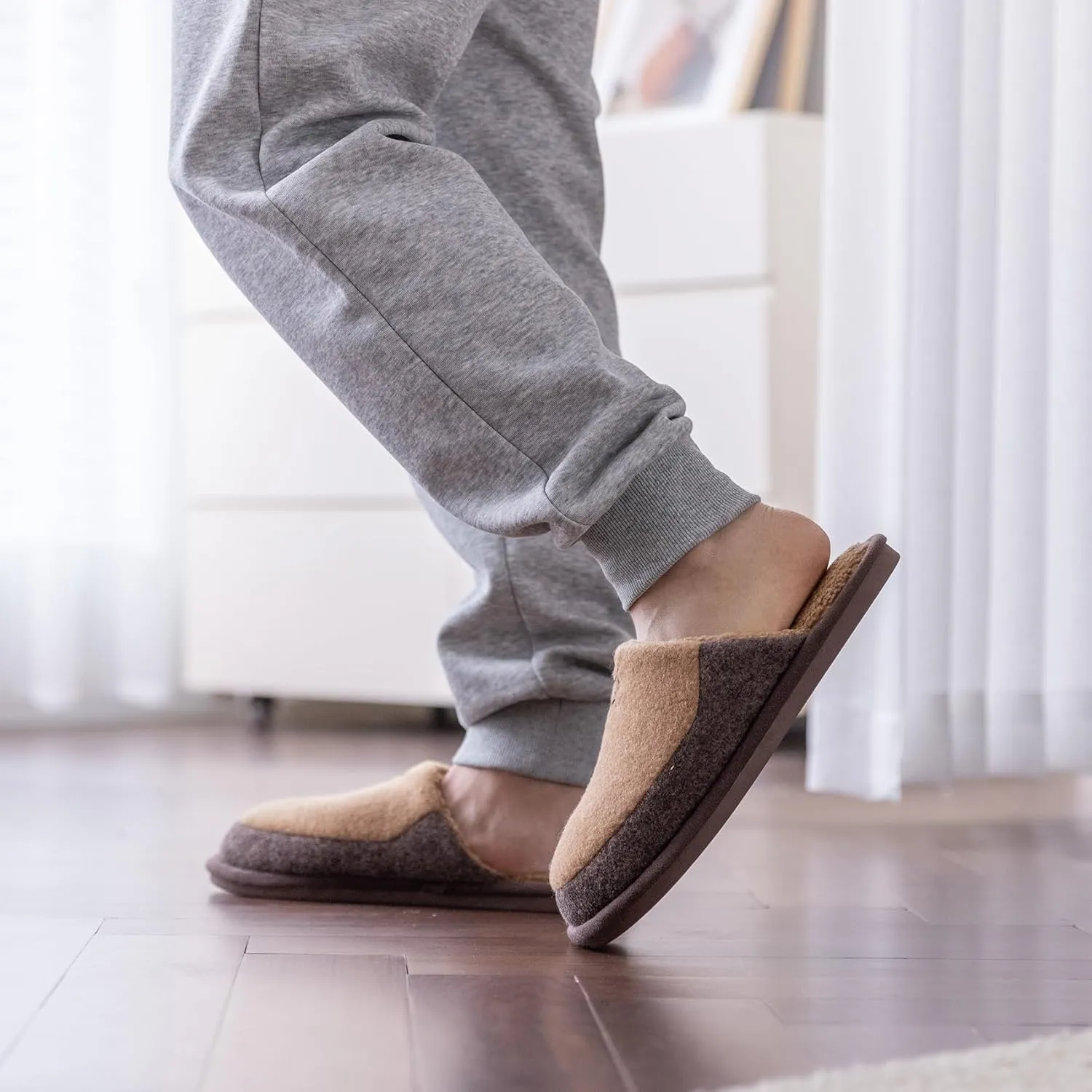 Mens Two-Tone Scuff Slippers with Memory Foam Cozy Warm Slip On House Shoes for Indoor Outdoor Gifts for Men Him Dad