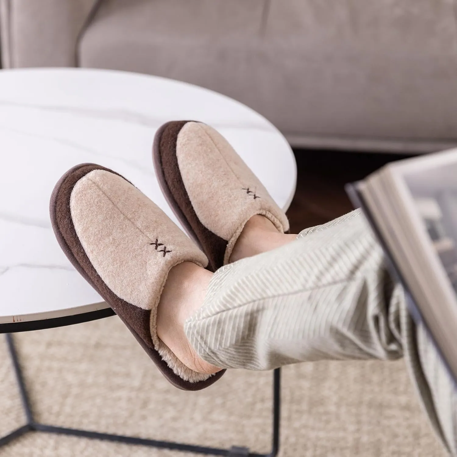 Mens Two-Tone Scuff Slippers with Memory Foam Cozy Warm Slip On House Shoes for Indoor Outdoor Gifts for Men Him Dad