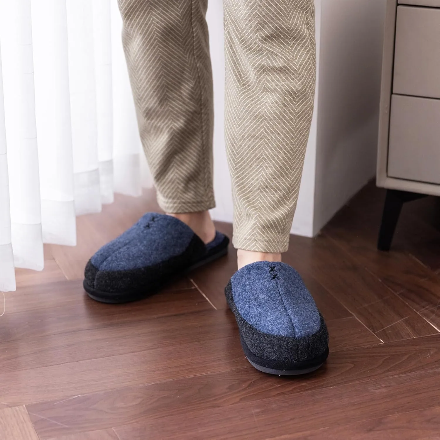 Mens Two-Tone Scuff Slippers with Memory Foam Cozy Warm Slip On House Shoes for Indoor Outdoor Gifts for Men Him Dad