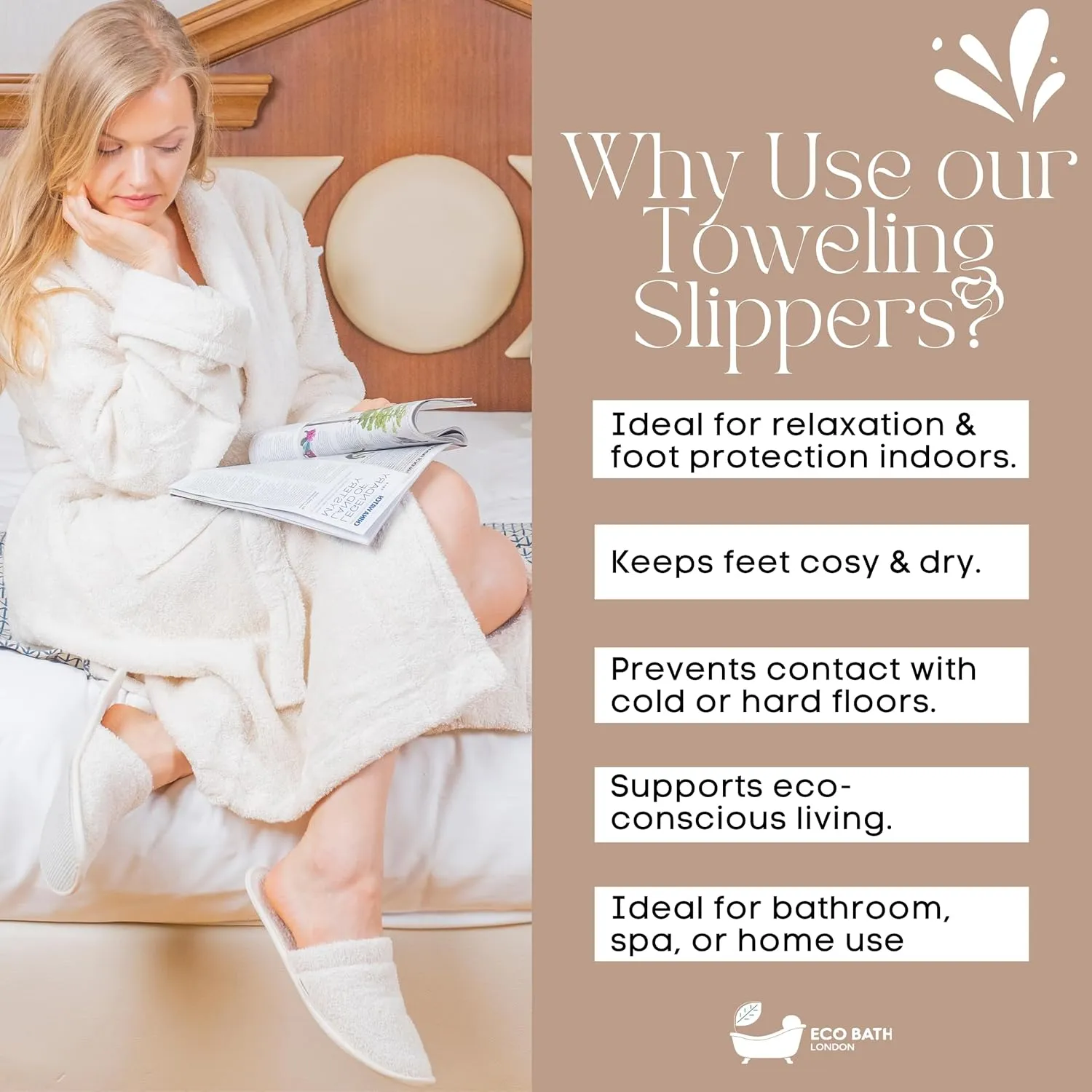Natural Toweling Slippers - Luxury 100% Organic Cotton, Ultra Soft, Machine Washable Indoor Slippers for Bath and Home S Size UK(4-5) US(6-7)