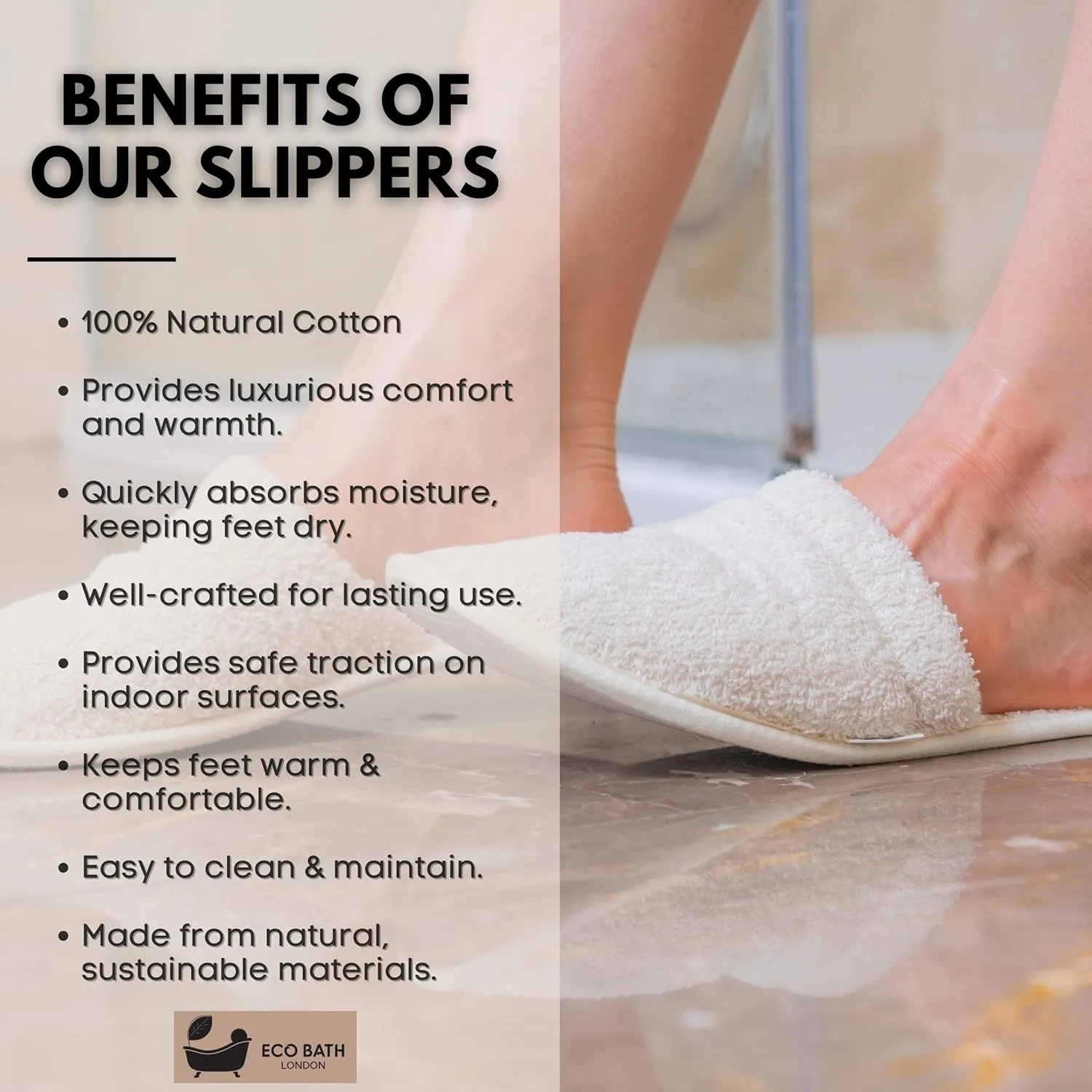 Natural Toweling Slippers - Luxury 100% Organic Cotton, Ultra Soft, Machine Washable Indoor Slippers for Bath and Home S Size UK(4-5) US(6-7)