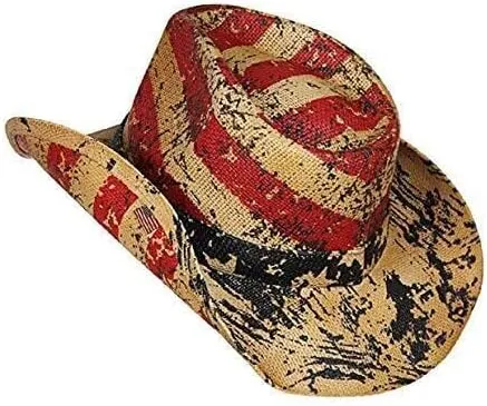Patriot Men??s Vintage Tea-Stained USA American Flag Cowboy Hat w/Western Shape-It Brim