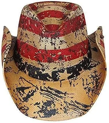 Patriot Men??s Vintage Tea-Stained USA American Flag Cowboy Hat w/Western Shape-It Brim