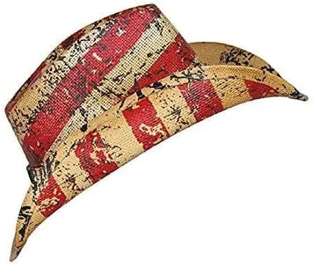Patriot Men??s Vintage Tea-Stained USA American Flag Cowboy Hat w/Western Shape-It Brim