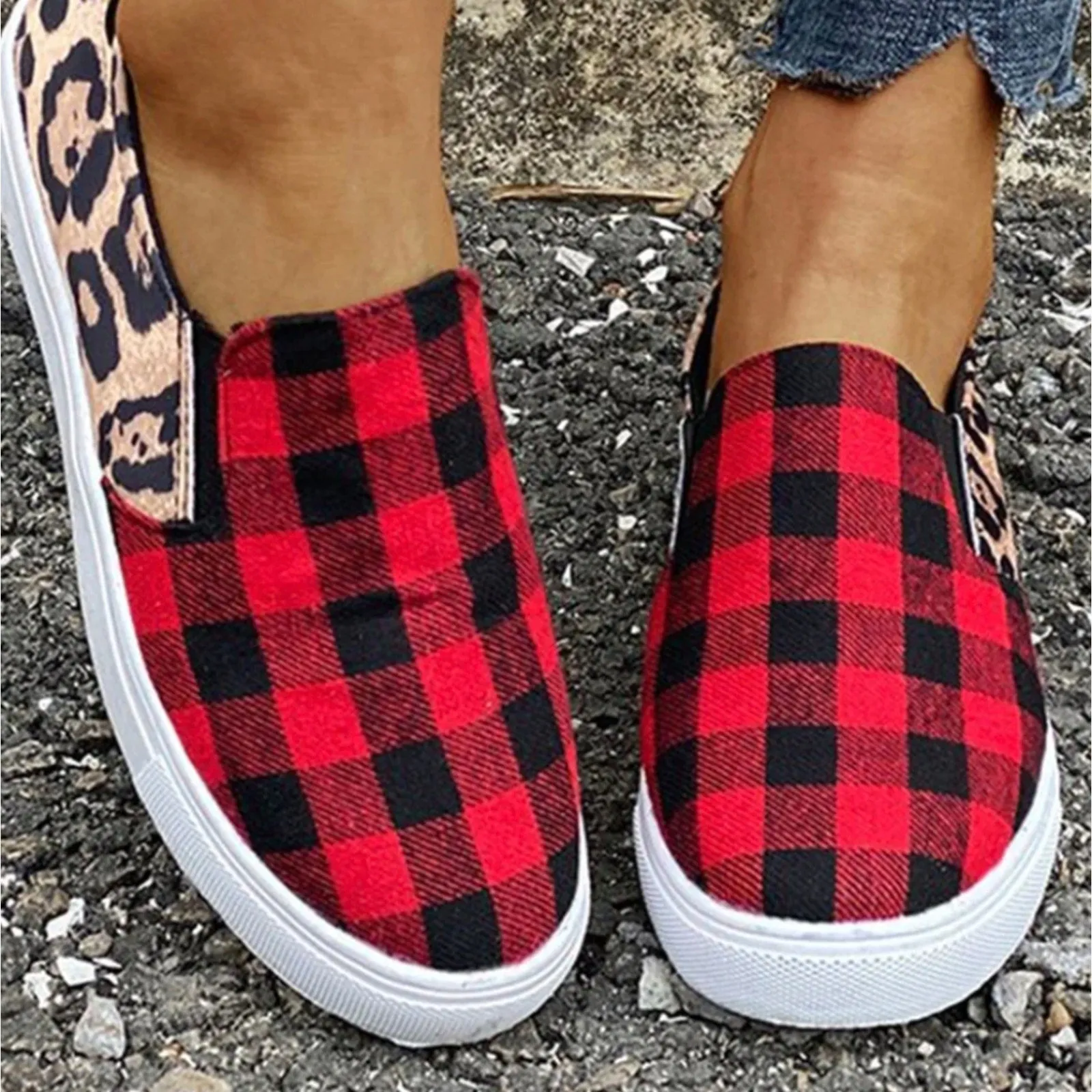 Plaid Leopard Slip Ons - 9