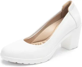 Women's Pumps with Arch Support, Chunky Closed Round Toe Block Heels for Women, Comfortable Low Heel Work Dress Shoes