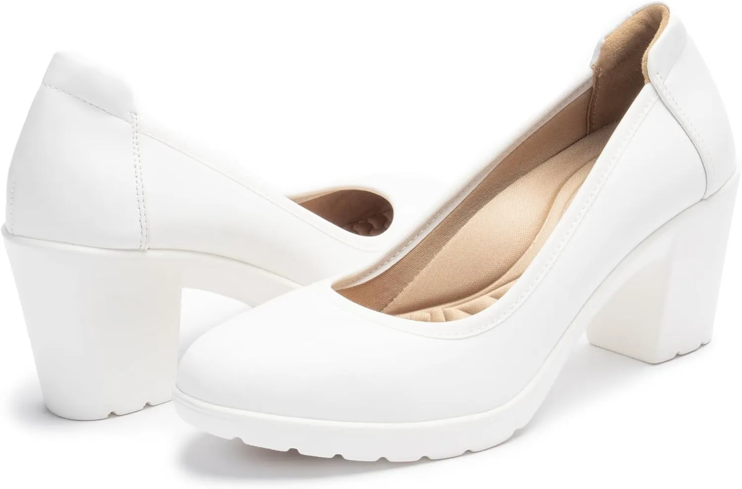 Women's Pumps with Arch Support, Chunky Closed Round Toe Block Heels for Women, Comfortable Low Heel Work Dress Shoes